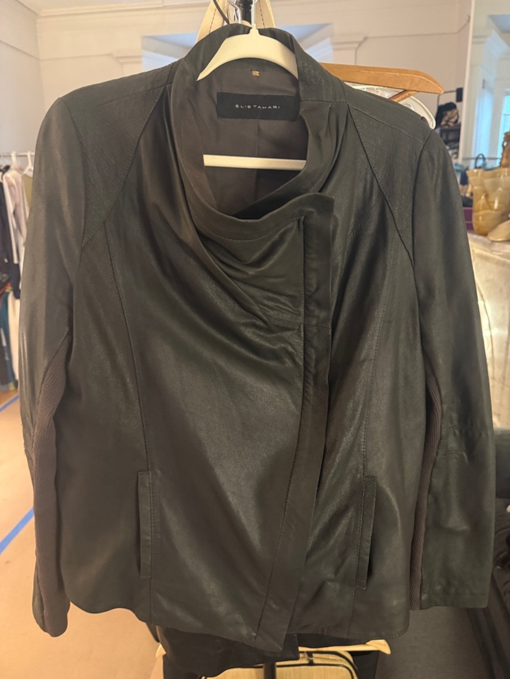 Elie Tahari Black Leather funnel like collar/Drape-Collar Jacket